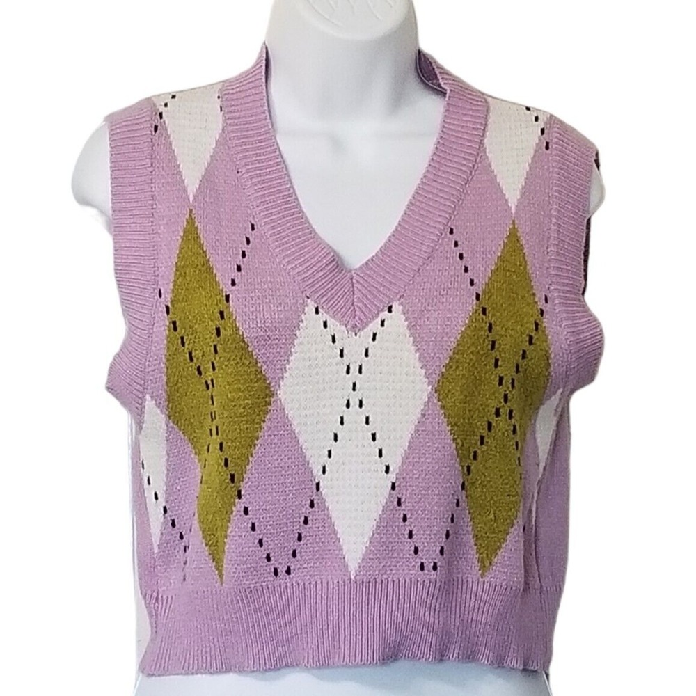 Sweater Vest Cropped Womens Small Purple Green Preppy Collegiate Argyle